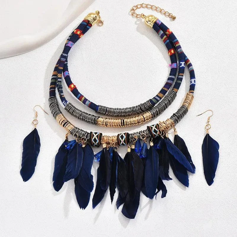 Boho Feather Multi Layer Necklace & Earrings Set - Glova