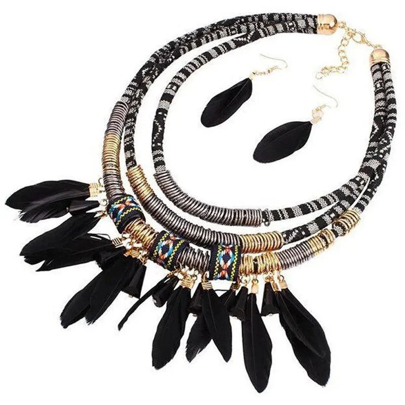 Boho Feather Multi Layer Necklace & Earrings Set - Glova