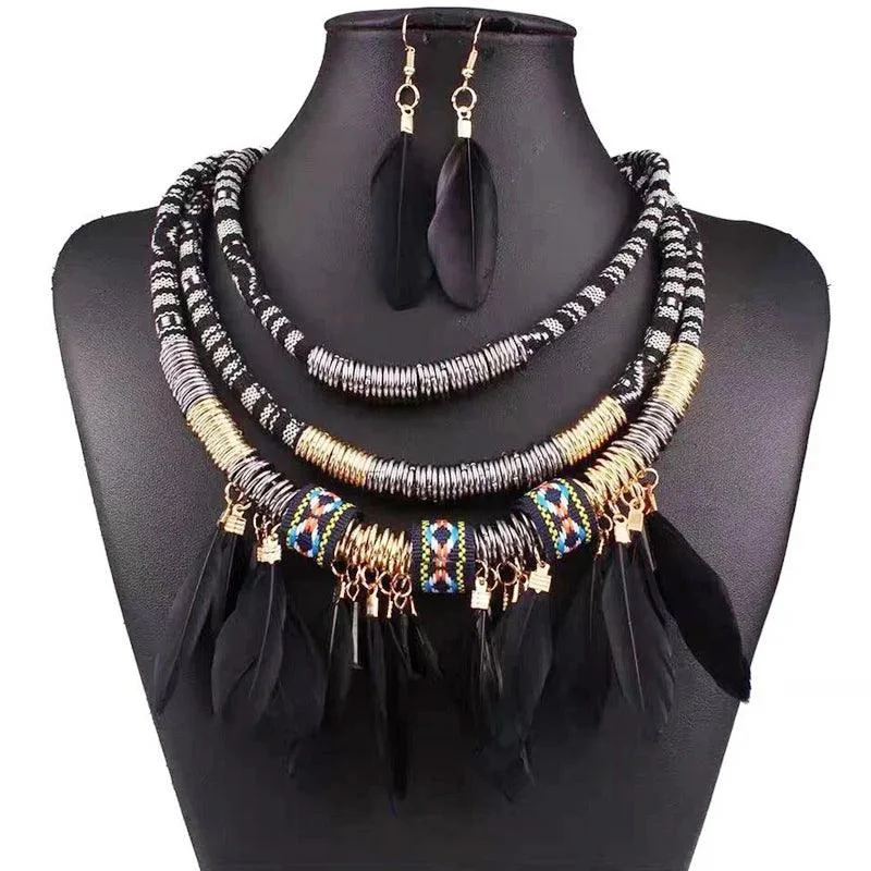 Boho Feather Multi Layer Necklace & Earrings Set - Glova