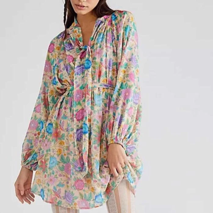 Boho Floral Prints Front Tie Mini Dress - Glova