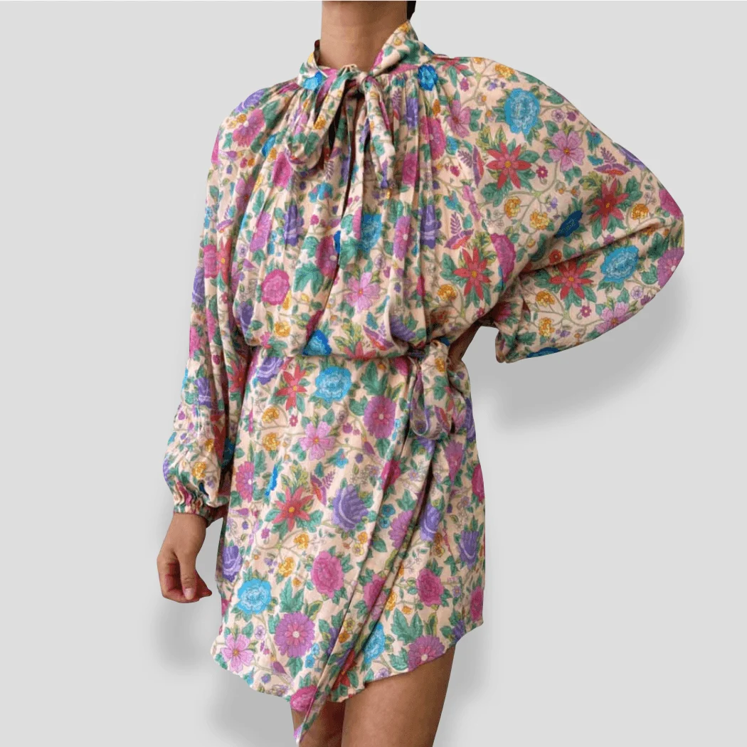 Boho Floral Prints Front Tie Mini Dress - Glova