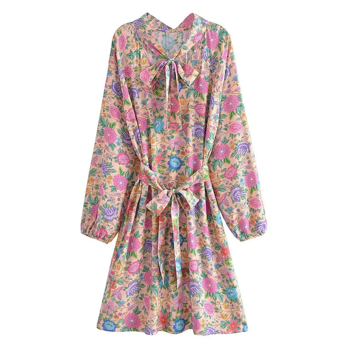 Boho Floral Prints Front Tie Mini Dress - Glova