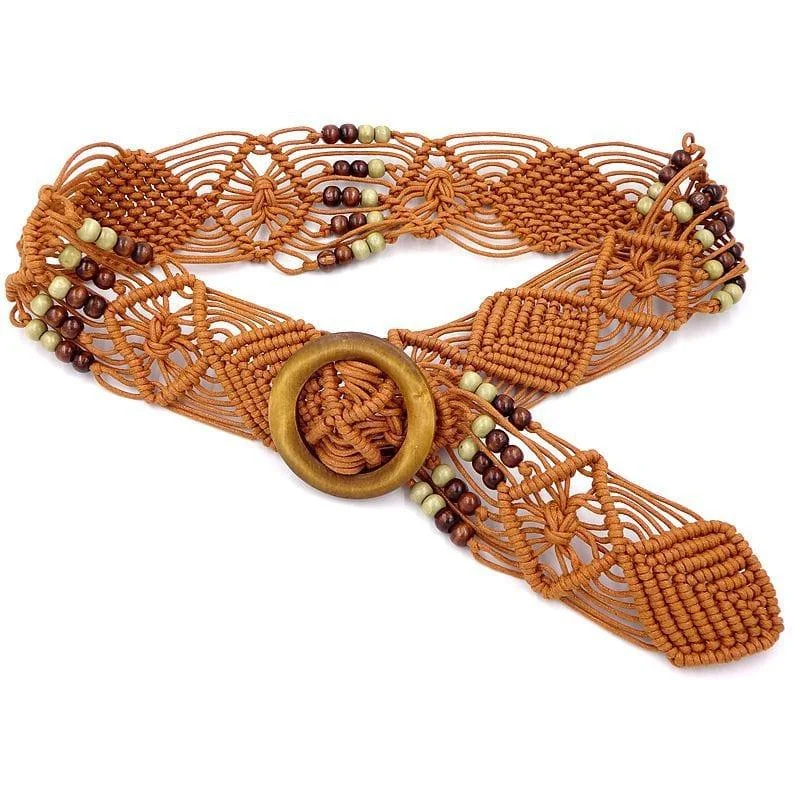 Boho Macrame Belt With Wooden Buckle - Glova