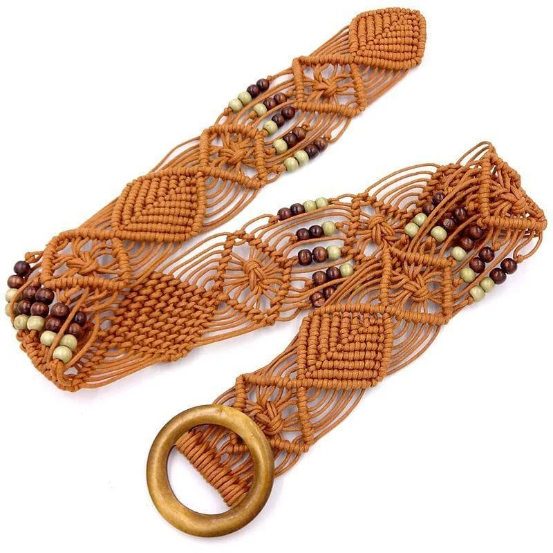 Boho Macrame Belt With Wooden Buckle - Glova