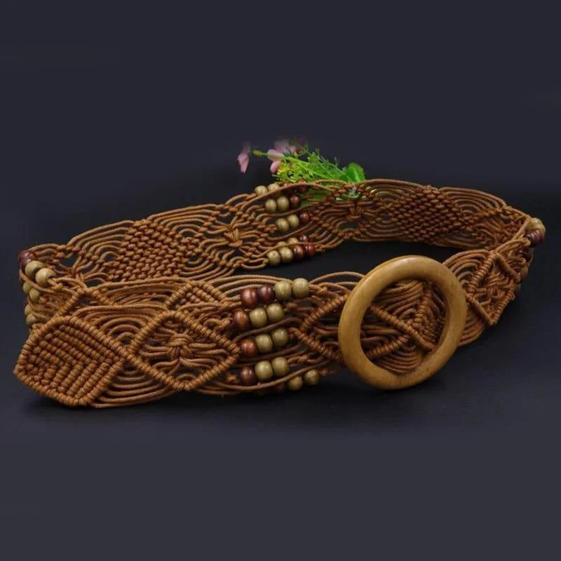 Boho Macrame Belt With Wooden Buckle - Glova