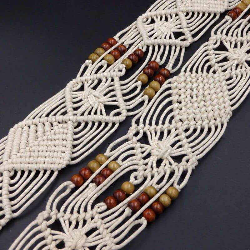 Boho Macrame Belt With Wooden Buckle - Glova