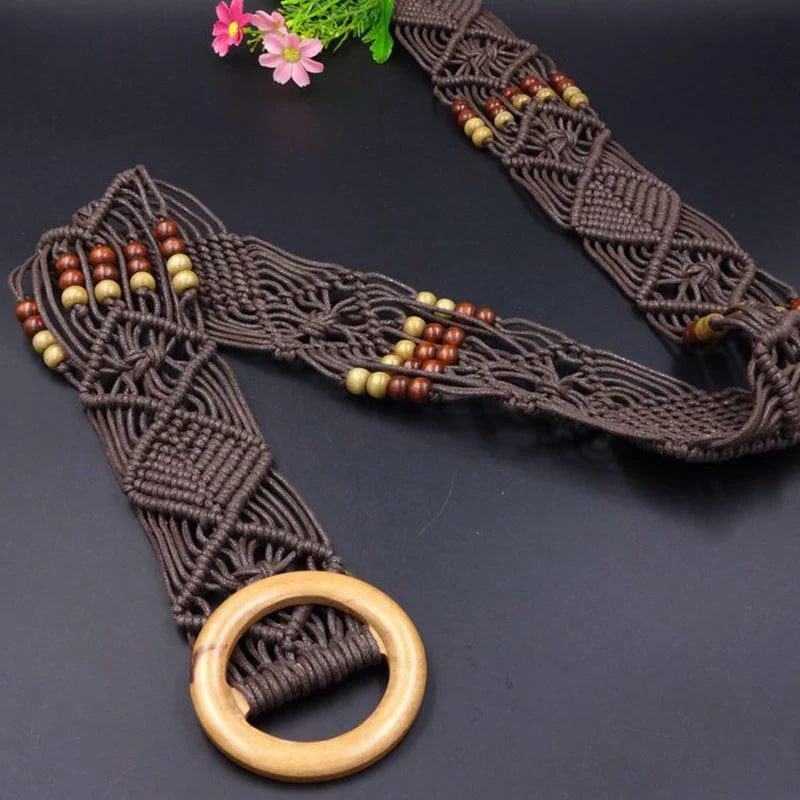 Boho Macrame Belt With Wooden Buckle - Glova