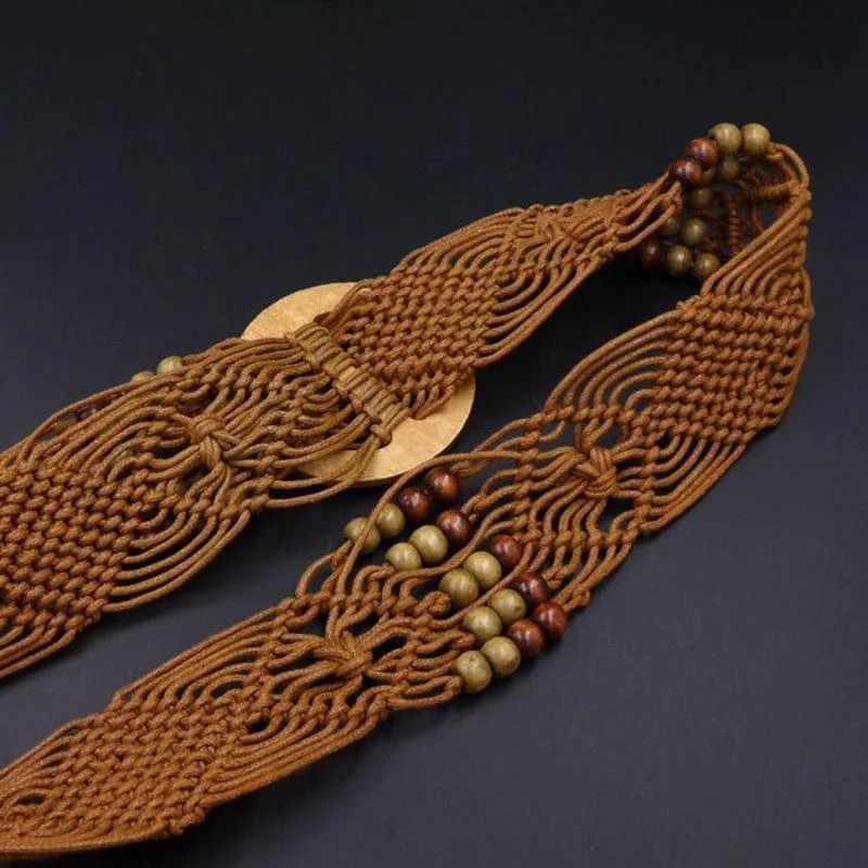 Boho Macrame Belt With Wooden Buckle - Glova