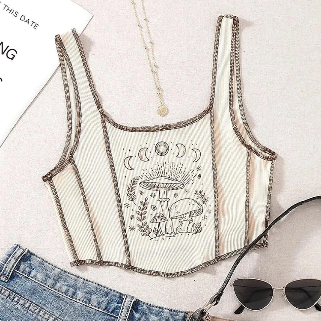 Boho Mushroom Print Cropped Tank Top - Glova