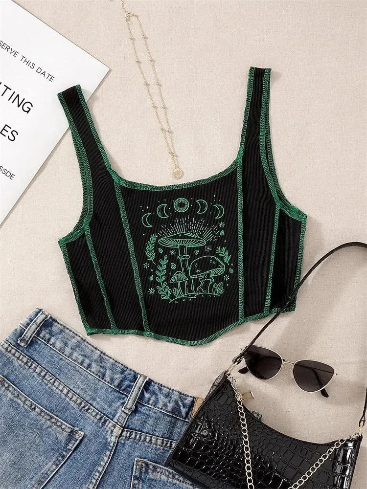 Boho Mushroom Print Cropped Tank Top - Glova