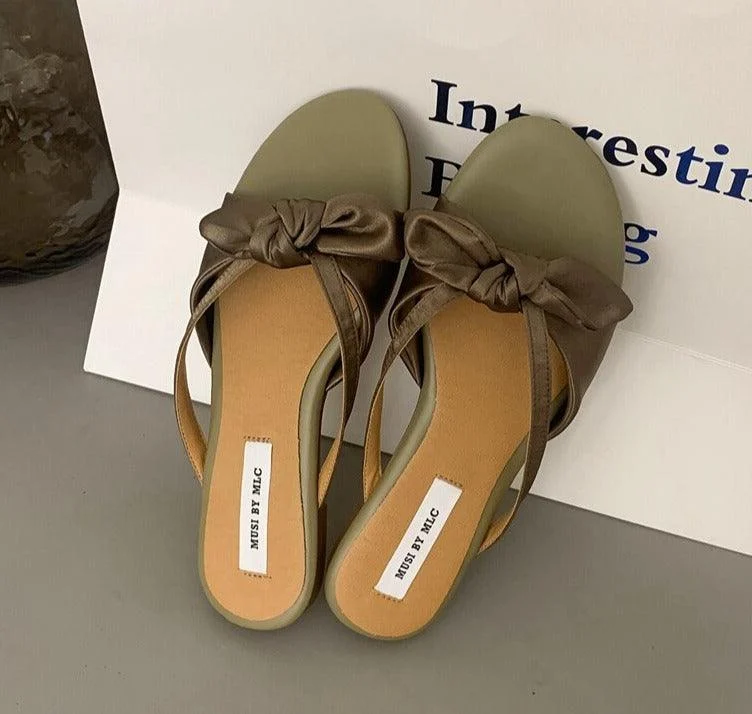 Bow-knot Slip On Flat Heel Slide Sandals - Glova