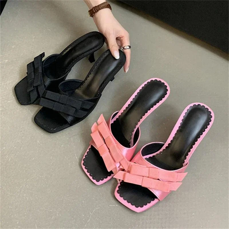 Bow-knot Thin Heel Open Toe Slip On Mules Slides Shoes - Glova