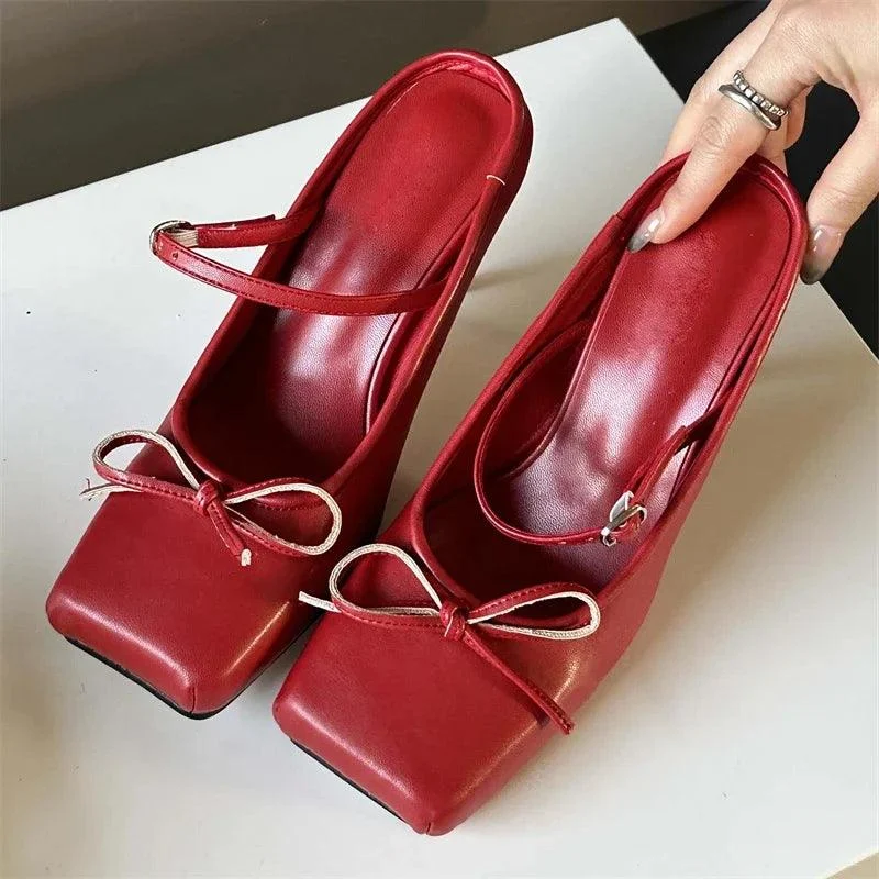 Bowknot Square Toe Pumps Buckle Strap Thin High Heels Shoes - Glova