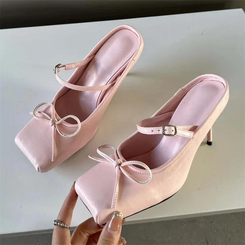 Bowknot Square Toe Pumps Buckle Strap Thin High Heels Shoes - Glova