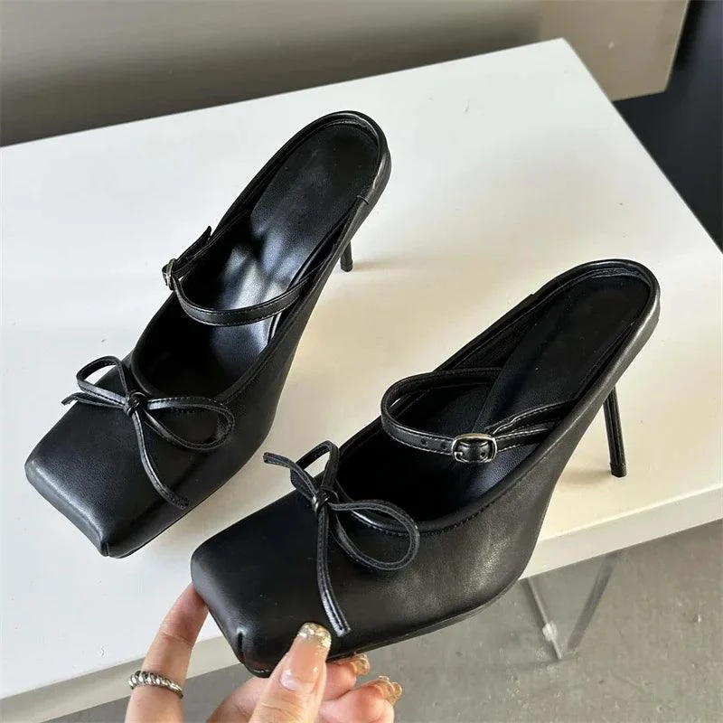 Bowknot Square Toe Pumps Buckle Strap Thin High Heels Shoes - Glova