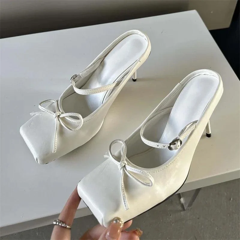 Bowknot Square Toe Pumps Buckle Strap Thin High Heels Shoes - Glova