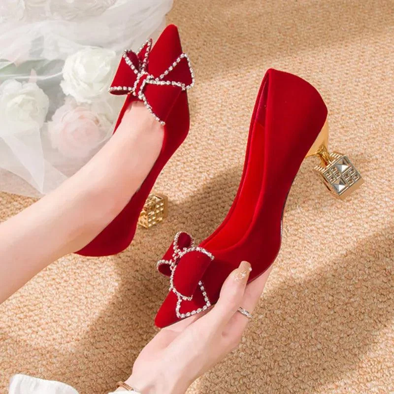 Bowtie Pumps Crystal Pointed Toe Red Bridal Shoes - Glova