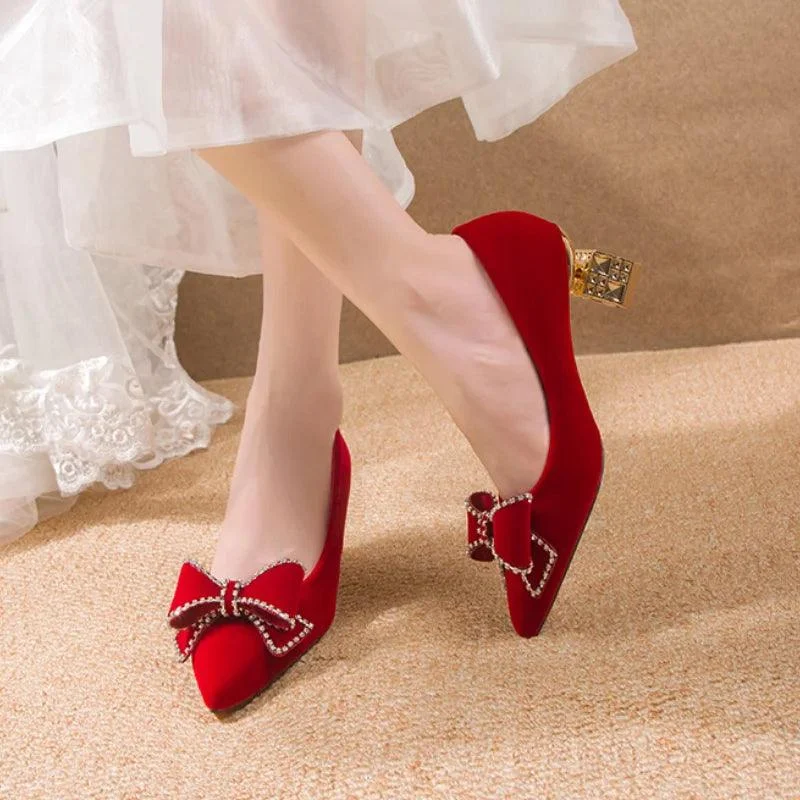 Bowtie Pumps Crystal Pointed Toe Red Bridal Shoes - Glova