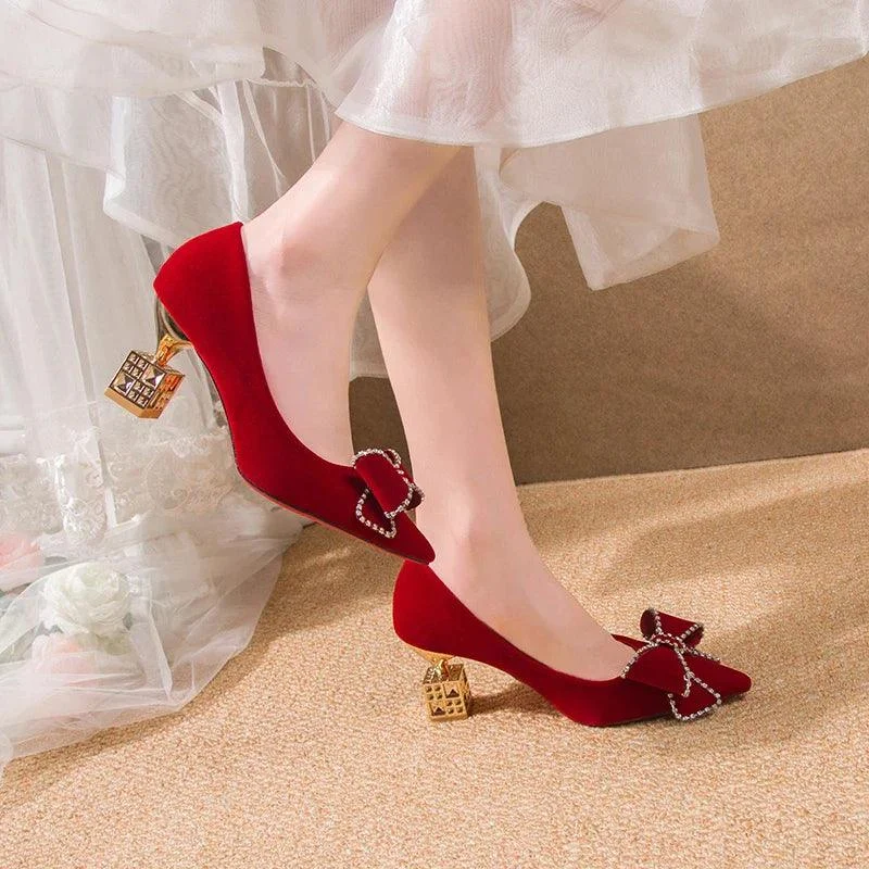 Bowtie Pumps Crystal Pointed Toe Red Bridal Shoes - Glova