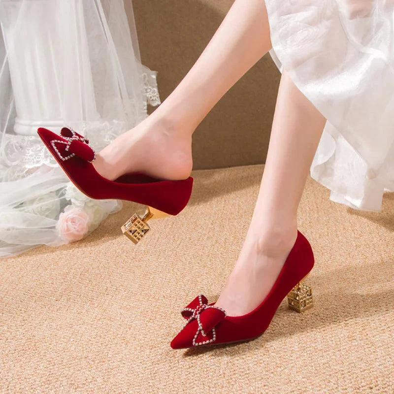 Bowtie Pumps Crystal Pointed Toe Red Bridal Shoes - Glova