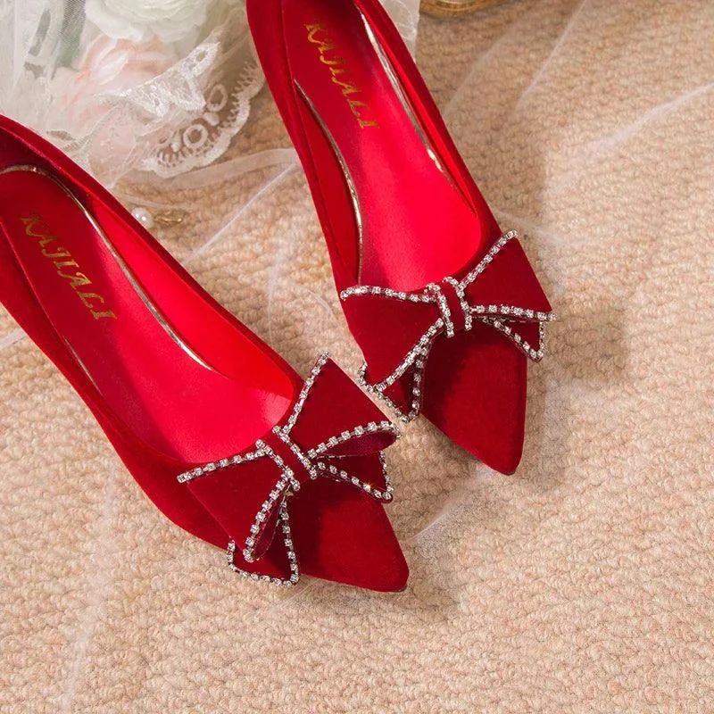 Bowtie Pumps Crystal Pointed Toe Red Bridal Shoes - Glova