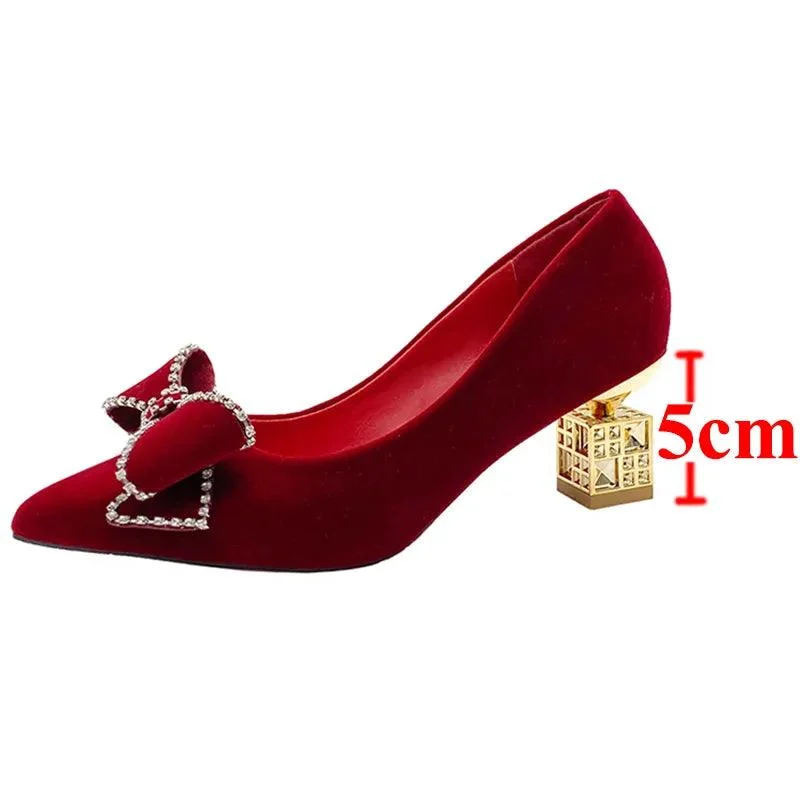 Bowtie Pumps Crystal Pointed Toe Red Bridal Shoes - Glova