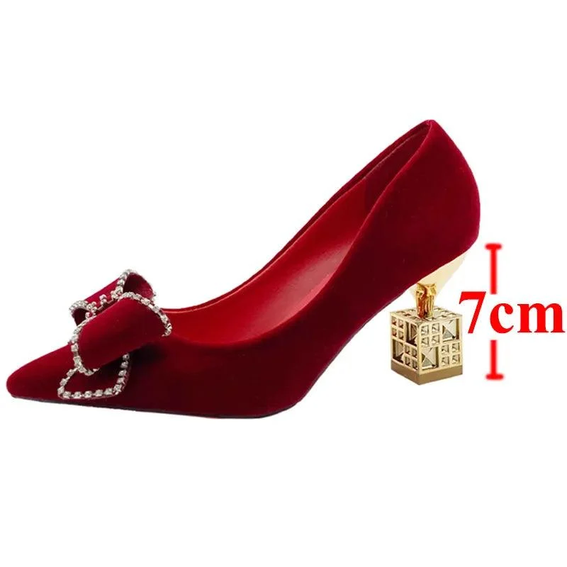 Bowtie Pumps Crystal Pointed Toe Red Bridal Shoes - Glova