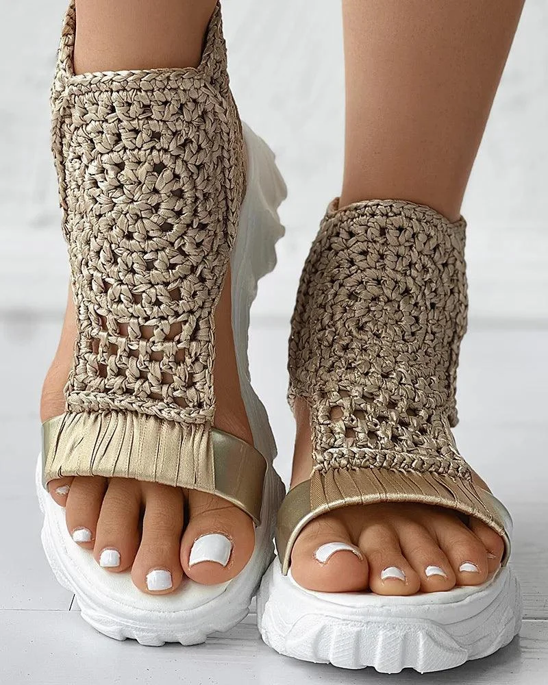 Braided Geometric Wedge Sandals Knitted Elastic Platform Shoes - Glova