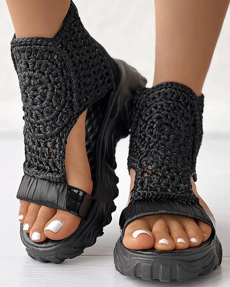 Braided Geometric Wedge Sandals Knitted Elastic Platform Shoes - Glova