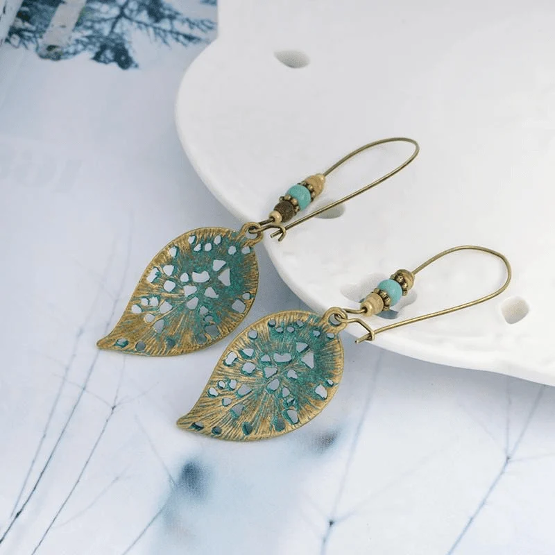 Bronze Hollow Leaf Drop Earrings - Glova