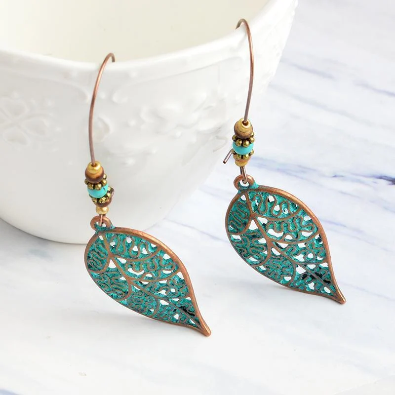 Bronze Hollow Leaf Drop Earrings - Glova