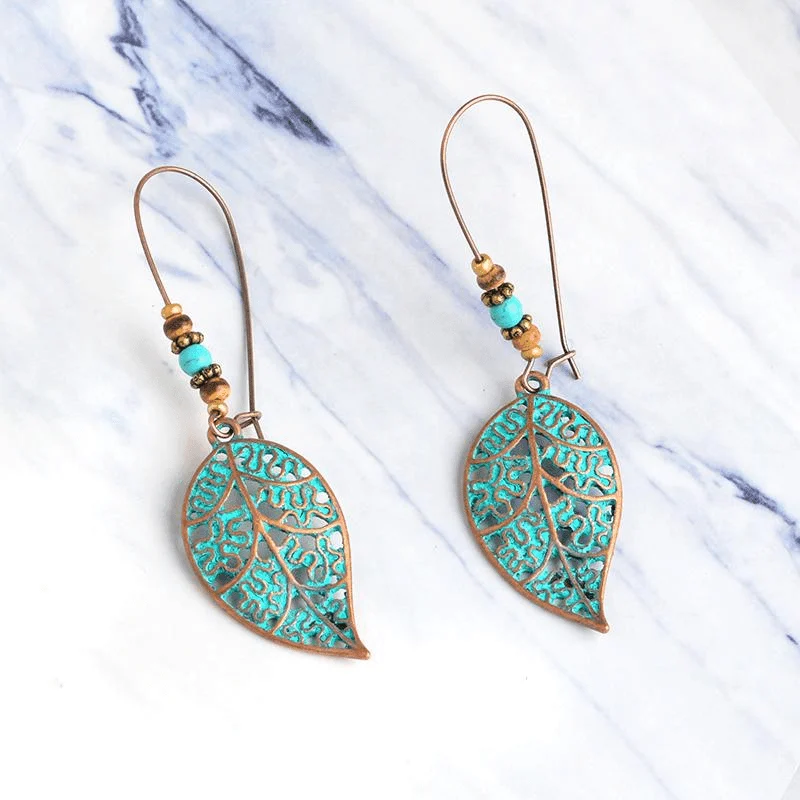 Bronze Hollow Leaf Drop Earrings - Glova