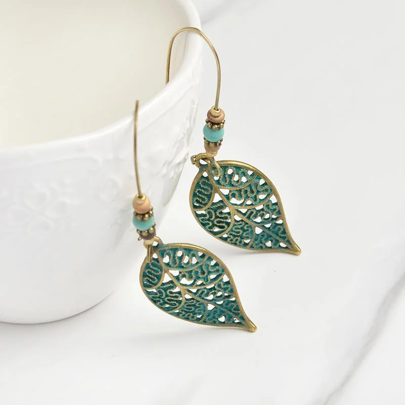 Bronze Hollow Leaf Drop Earrings - Glova