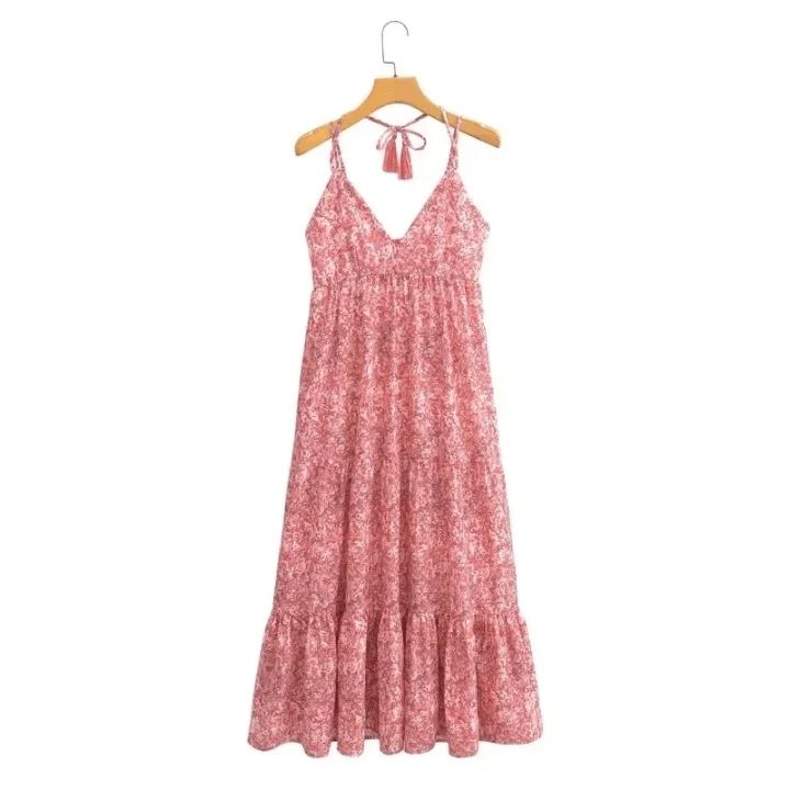 Brooke V-neck Pink Halter Sun Dress - Glova