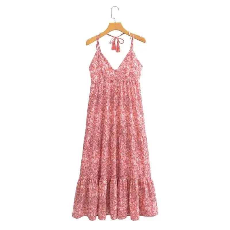 Brooke V-neck Pink Halter Sun Dress - Glova