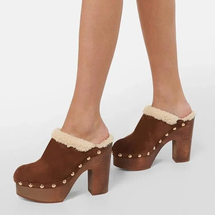 Brown Platform Suede Pump Round Toe Studded Shoes - Glova