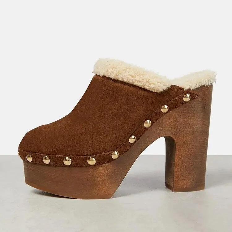 Brown Platform Suede Pump Round Toe Studded Shoes - Glova