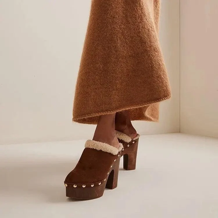 Brown Platform Suede Pump Round Toe Studded Shoes - Glova