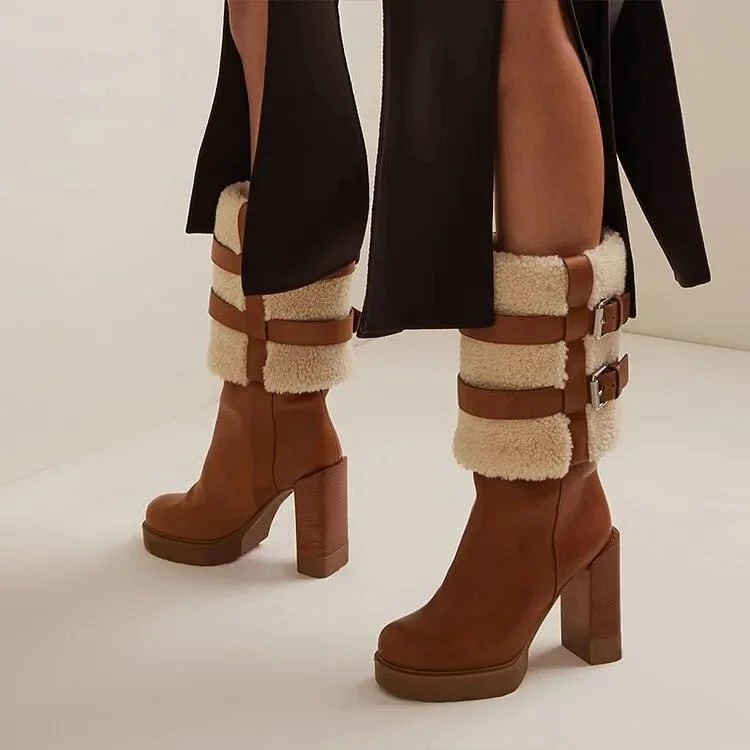 Brown Suede Boots Round Toe Lambswool Mid-Calf Booties - Glova