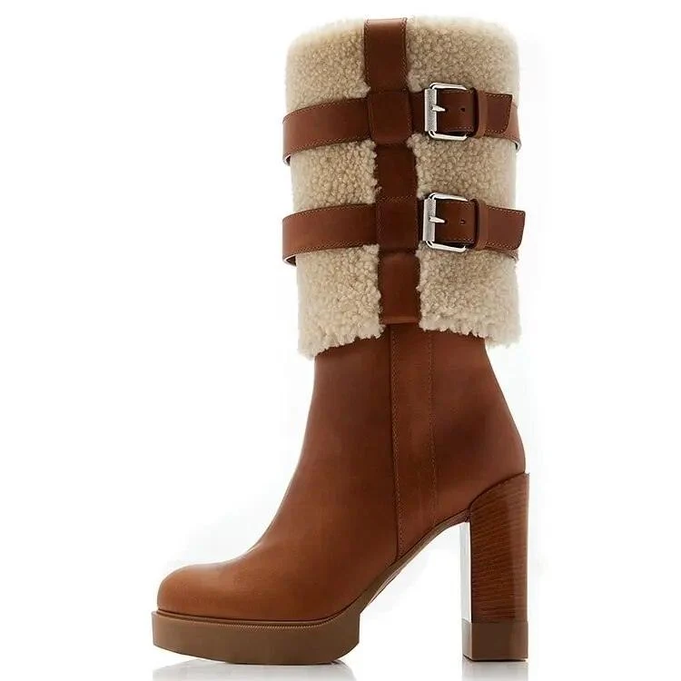 Brown Suede Boots Round Toe Lambswool Mid-Calf Booties - Glova