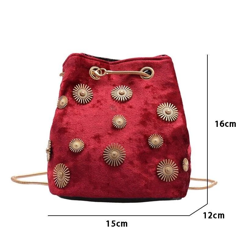 Bucket Velvet Crossbody Bag with Golden Chain - Glova