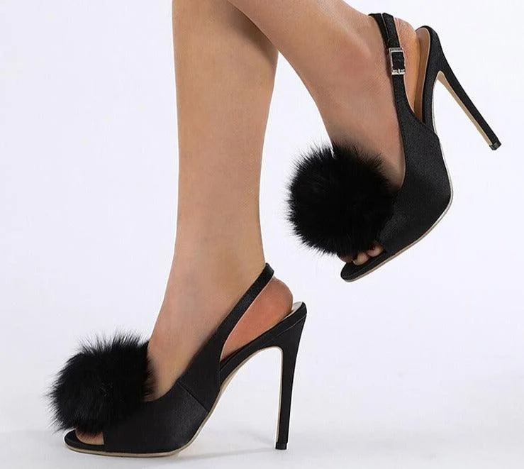 Buckle Strap Faux Fur Ball Peep Toe Gladiator High Heels Shoes - Glova