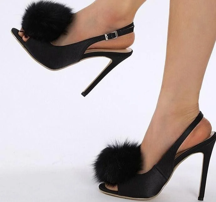 Buckle Strap Faux Fur Ball Peep Toe Gladiator High Heels Shoes - Glova