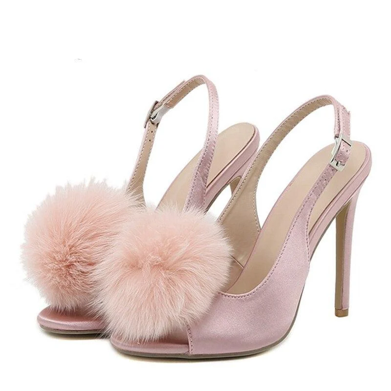 Buckle Strap Faux Fur Ball Peep Toe Gladiator High Heels Shoes - Glova