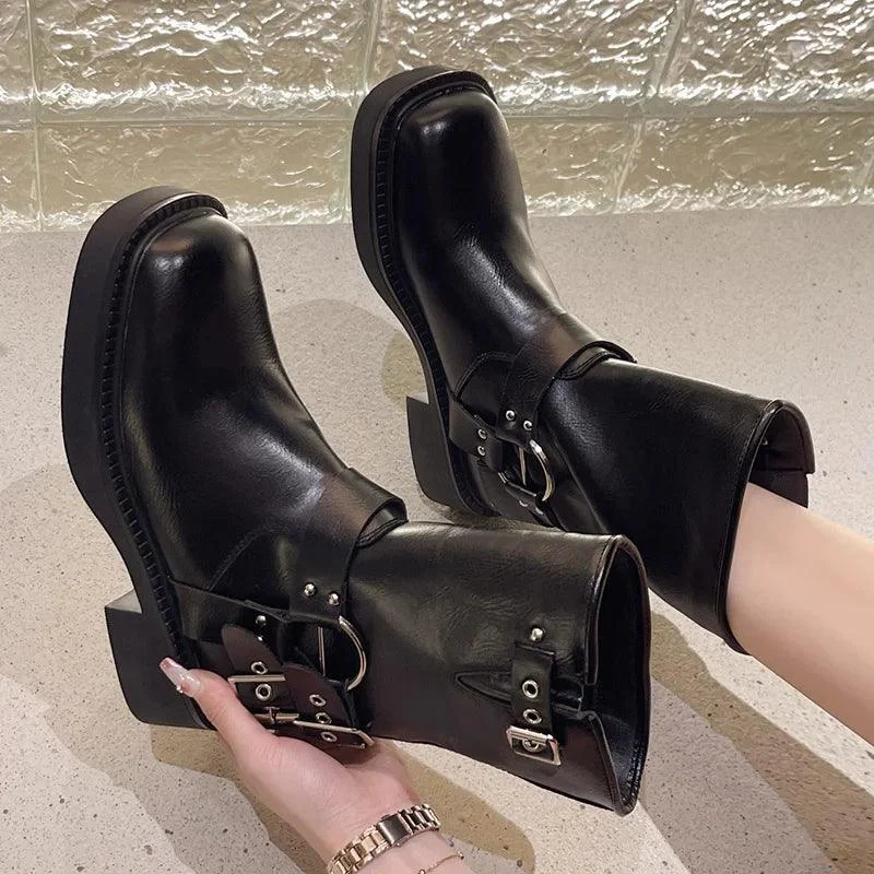 Buckle Strap Mid-Calf PU Leather Square Toe Thick Heels Boots - Glova