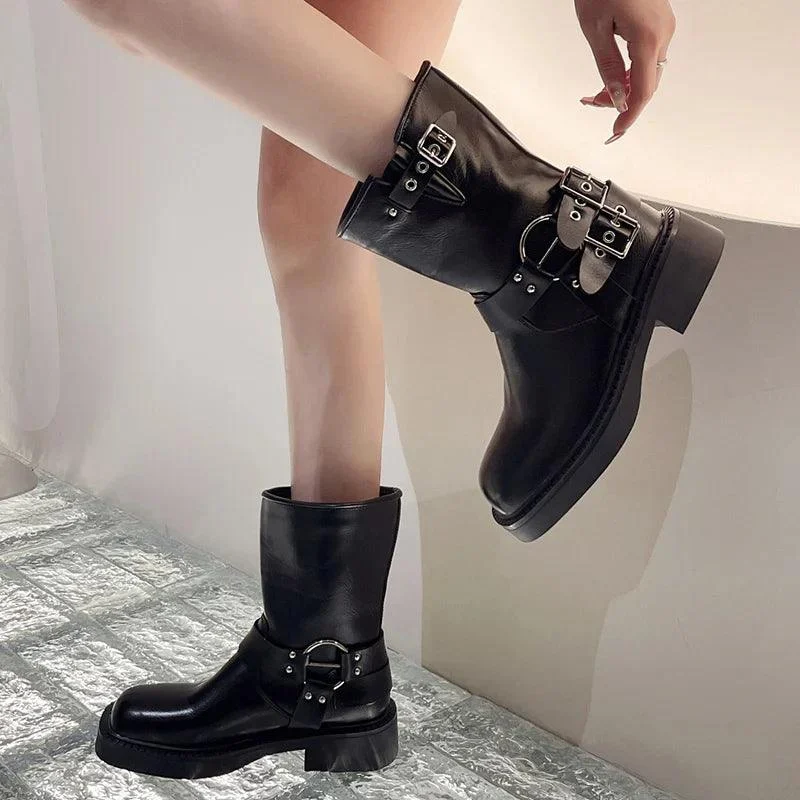 Buckle Strap Mid-Calf PU Leather Square Toe Thick Heels Boots - Glova