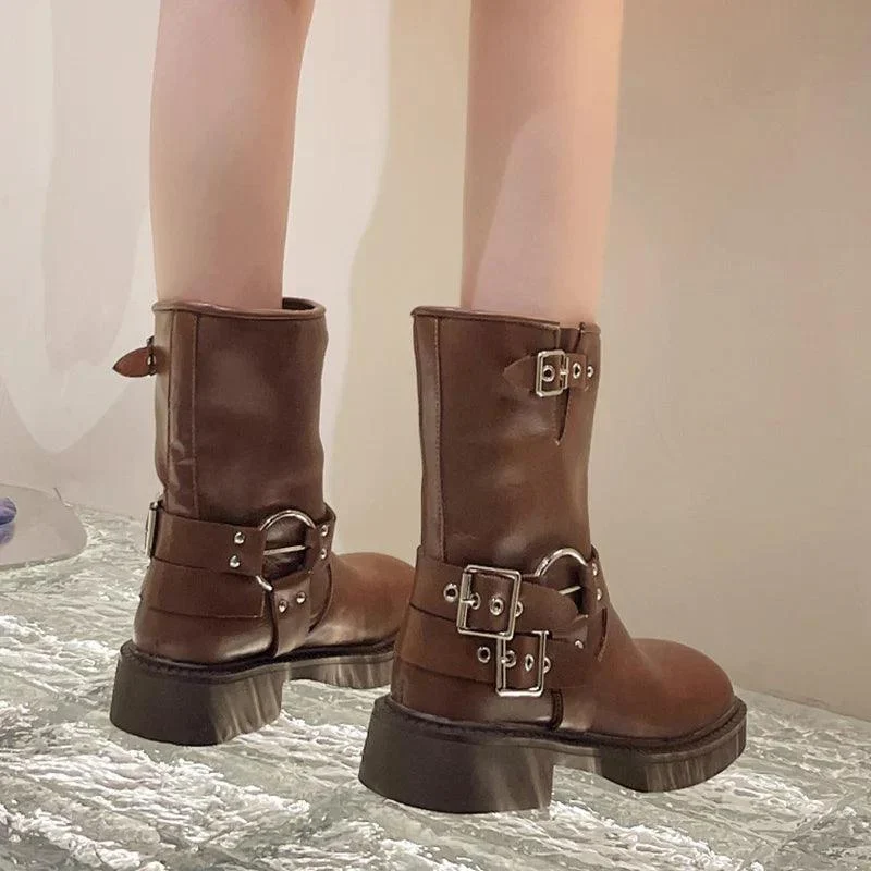 Buckle Strap Mid-Calf PU Leather Square Toe Thick Heels Boots - Glova