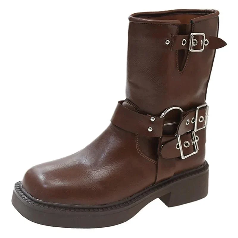 Buckle Strap Mid-Calf PU Leather Square Toe Thick Heels Boots - Glova