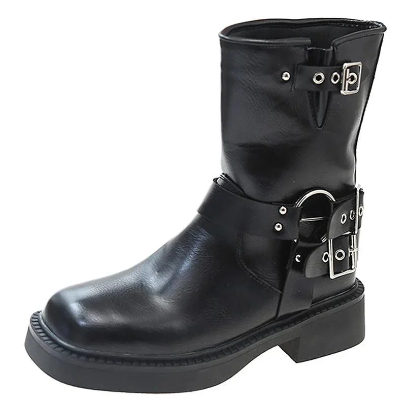 Buckle Strap Mid-Calf PU Leather Square Toe Thick Heels Boots - Glova