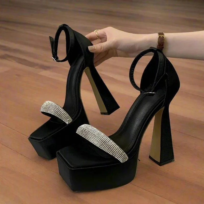 Buckle Strap Open Toe Crystal Platform Square Heel Shoes - Glova